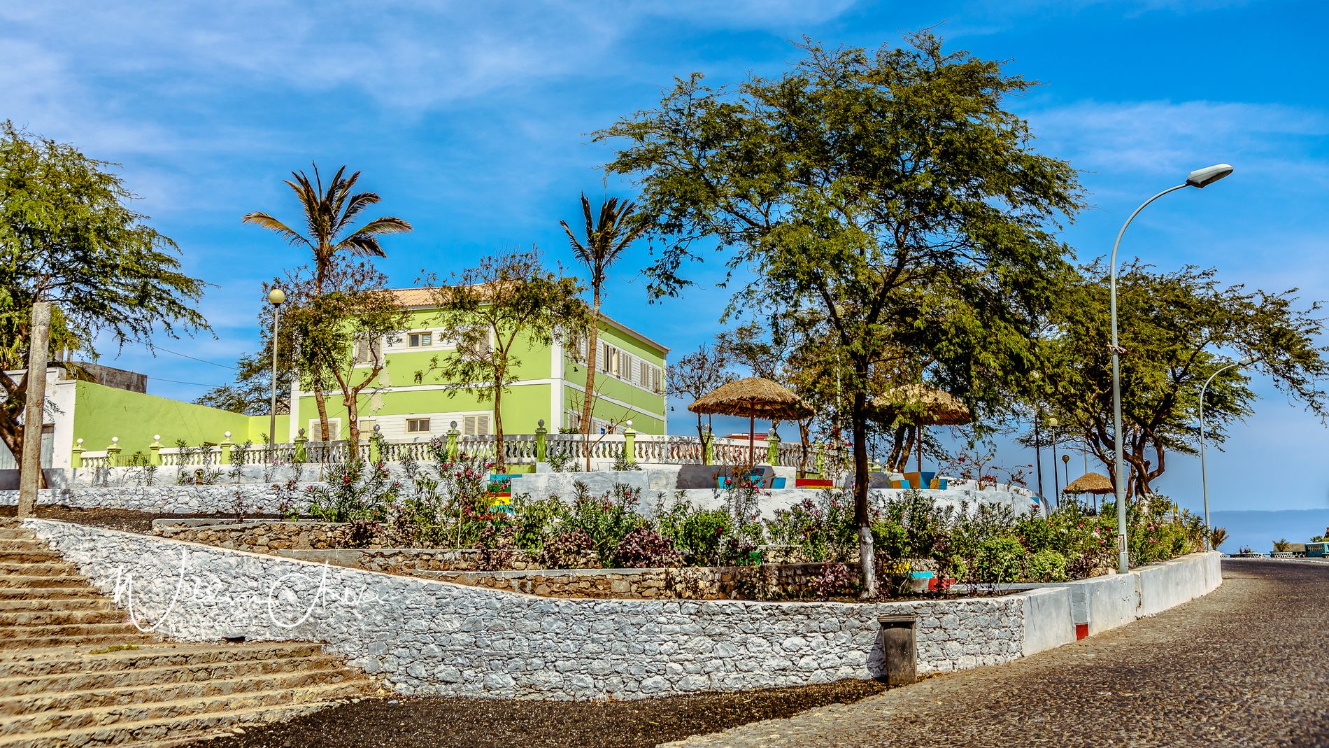 Escaliers et jardin public en terrasse, palmiers, immeuble vert